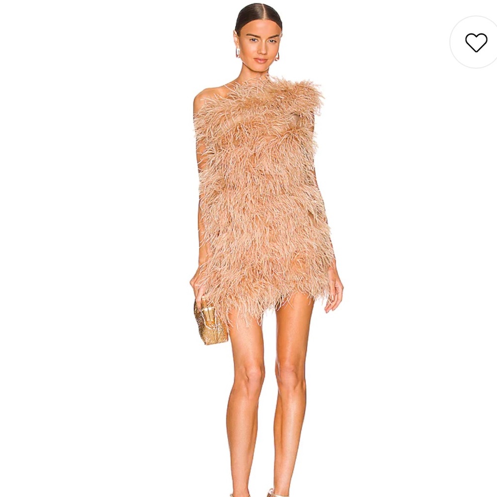 The Bar Feathered One-Shoulder Mini Dress in Blush Tan